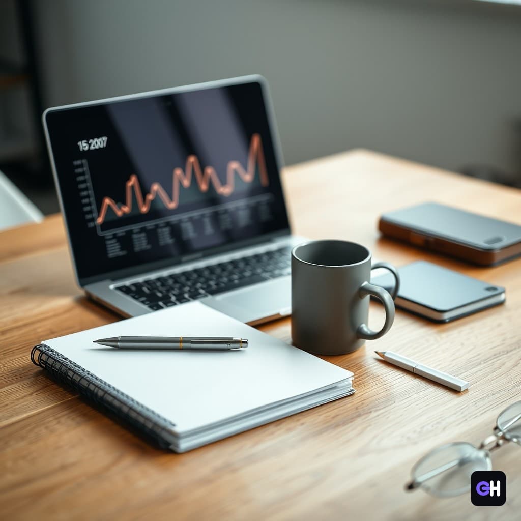لپتاپ، دفترچه یادداشت و لیوان سرامیکی روی میز چوبی کار