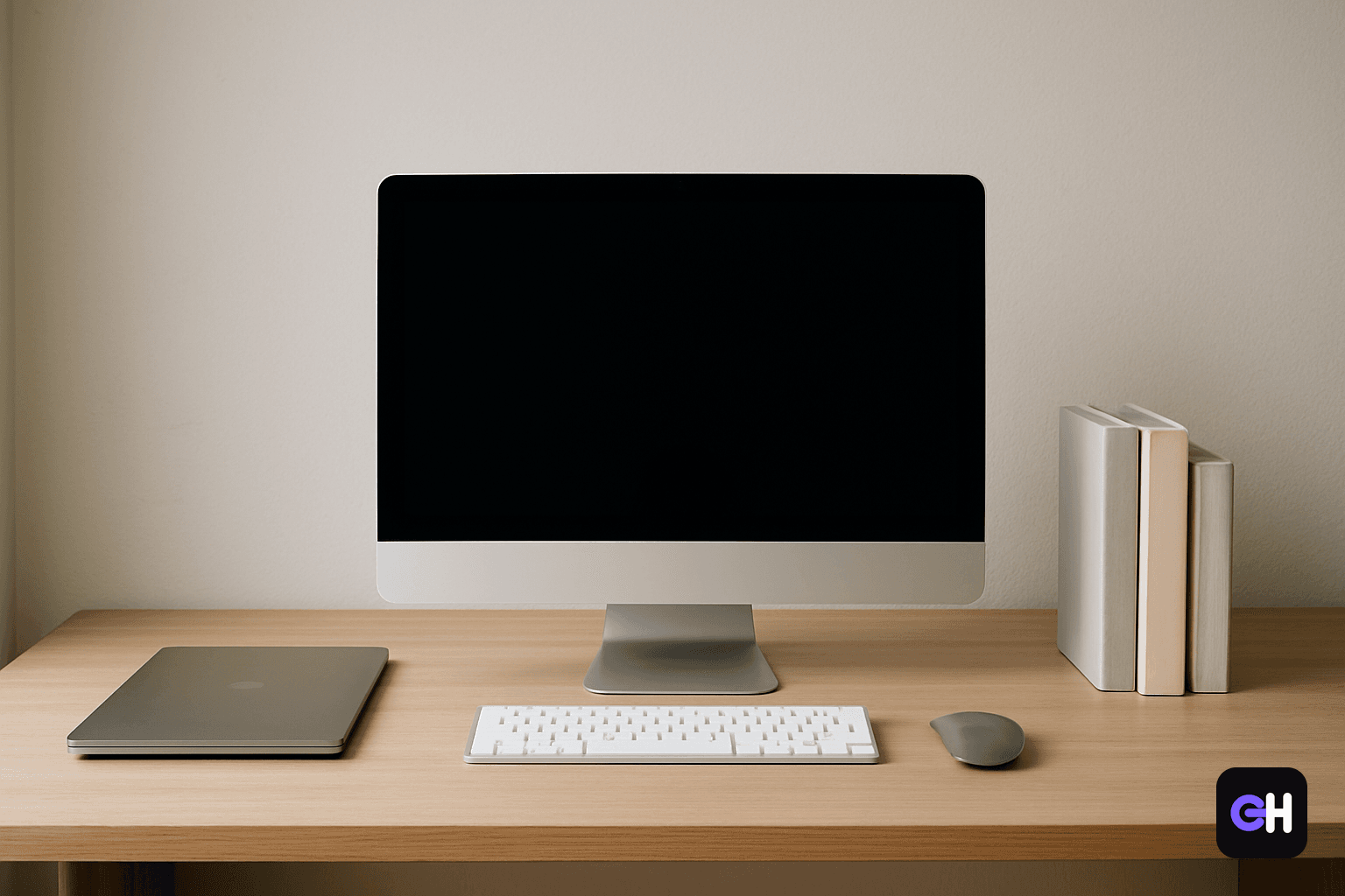 تصویر یک میز کار با تجهیزات تکنولوژیکی و کتابها
