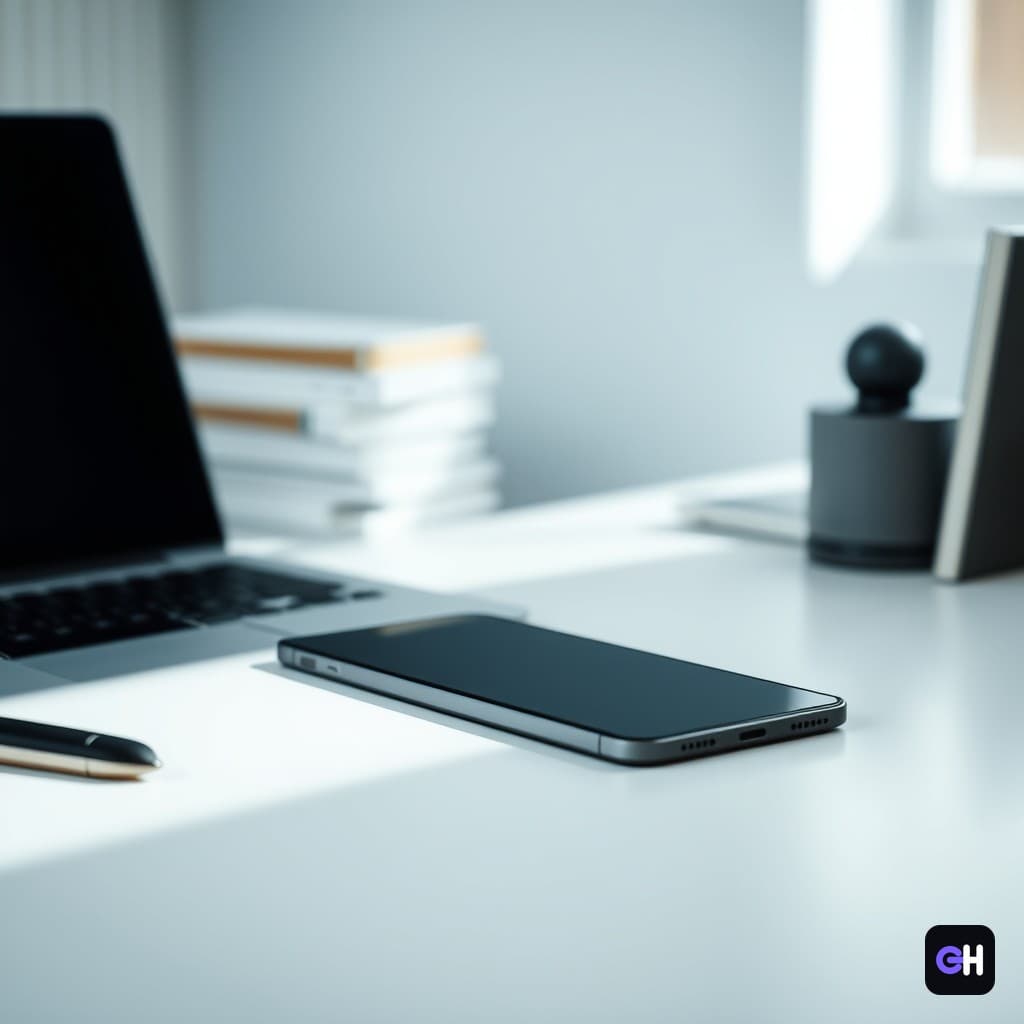 یک لپتاپ و یک گوشی هوشمند روی میز