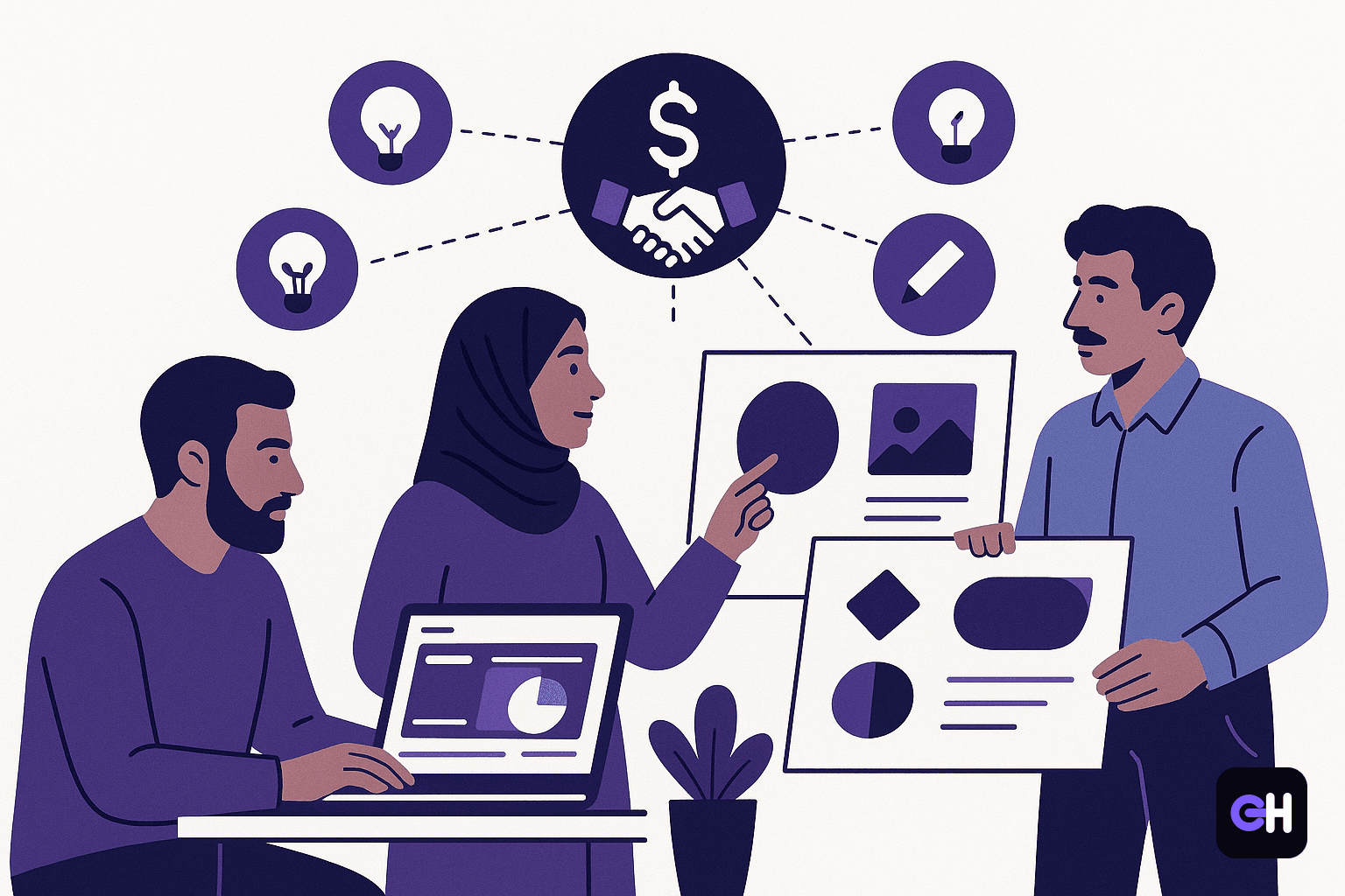 Team around a digital dashboard with creative icons