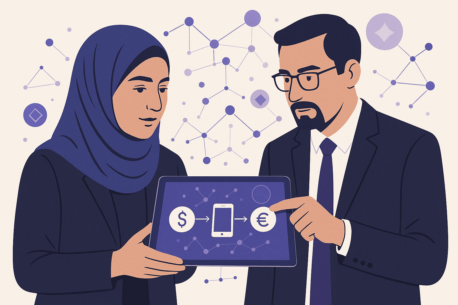 تصویر مفهومی از مدیر کسبوکار و کارشناس مالی در حال بررسی پرداخت فرامرزی دیجیتال با المانهای رمزارزی و رنگهای نیلی و بنفش