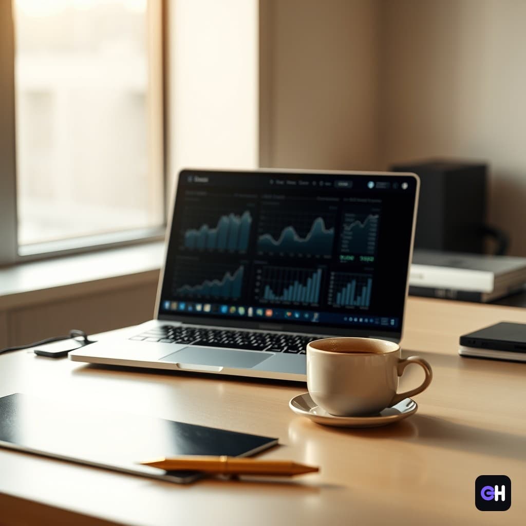 میز کار مدرن با لپتاپ روشن و فنجان قهوه در نور طبیعی