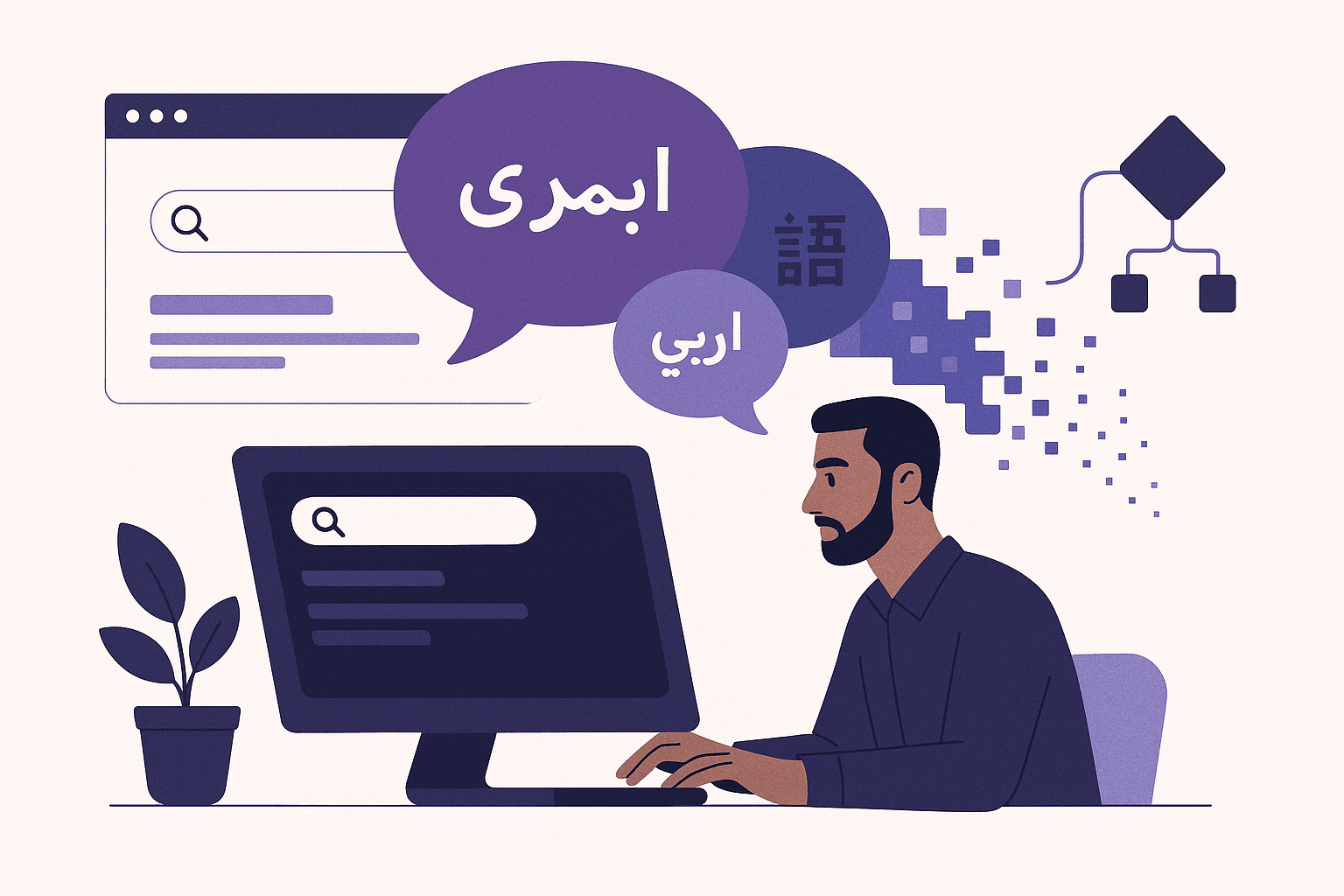 تصویرسازی مفهومی مدرن از تغییرات گوگل ادز در هدفگیری زبانی کمپینهای جستجو با حالوهوای بنفش و نیلی و فضای خالی زیاد، مناسب کسبوکارهای ایرانی