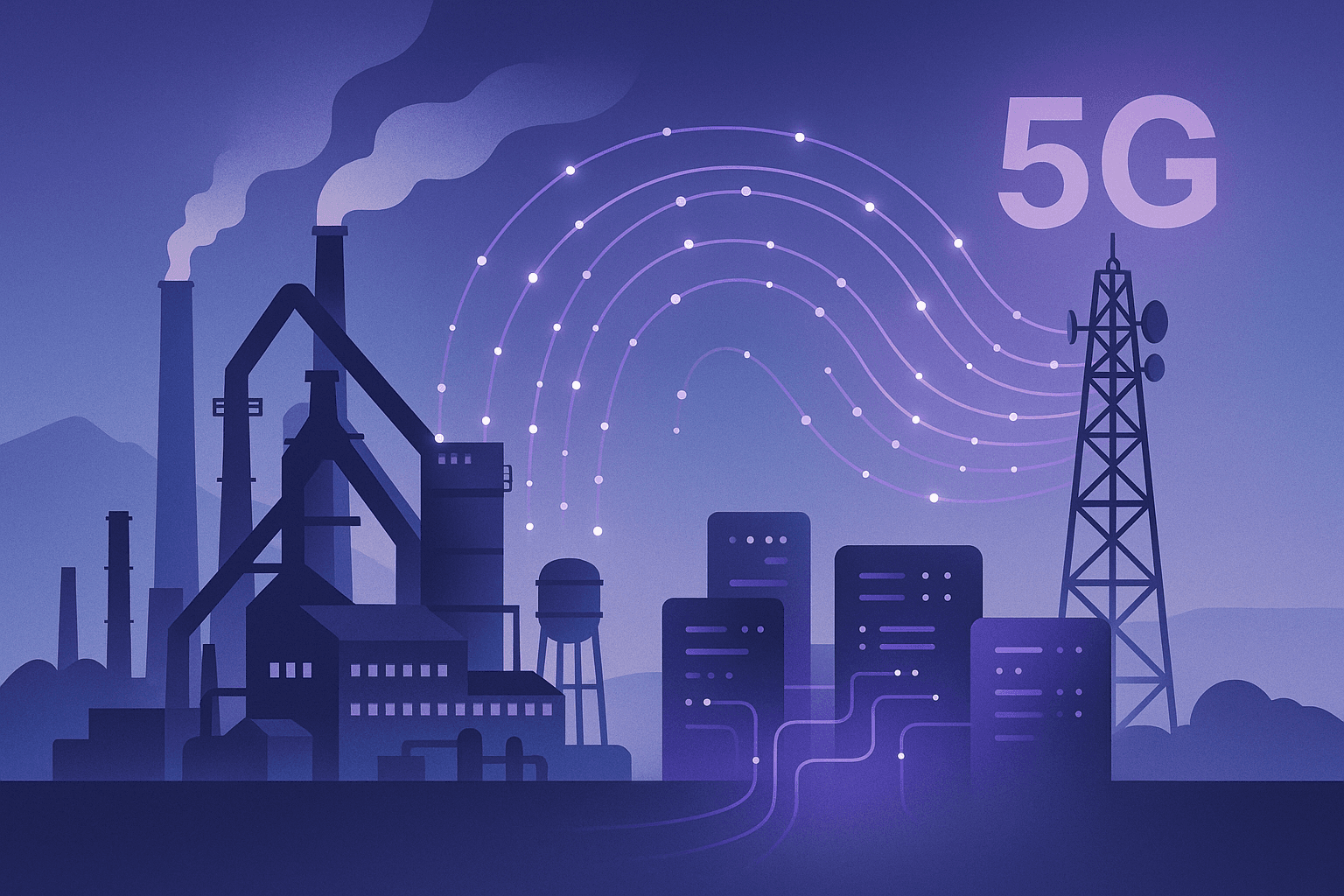تصویر مفهومی از اتصال یک کارخانه فولاد به زیرساخت دیجیتال و شبکه 5G با رنگهای سرمهای و بنفش و حالوهوای هوشمندسازی صنعتی