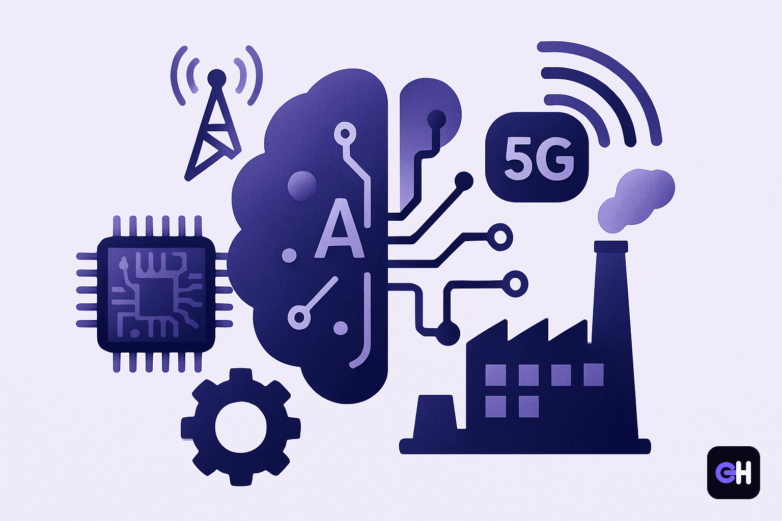 تصویر مفهومی از اتصال یک کارخانه فولاد به زیرساخت دیجیتال و شبکه 5G با رنگهای سرمهای و بنفش و حالوهوای هوشمندسازی صنعتی