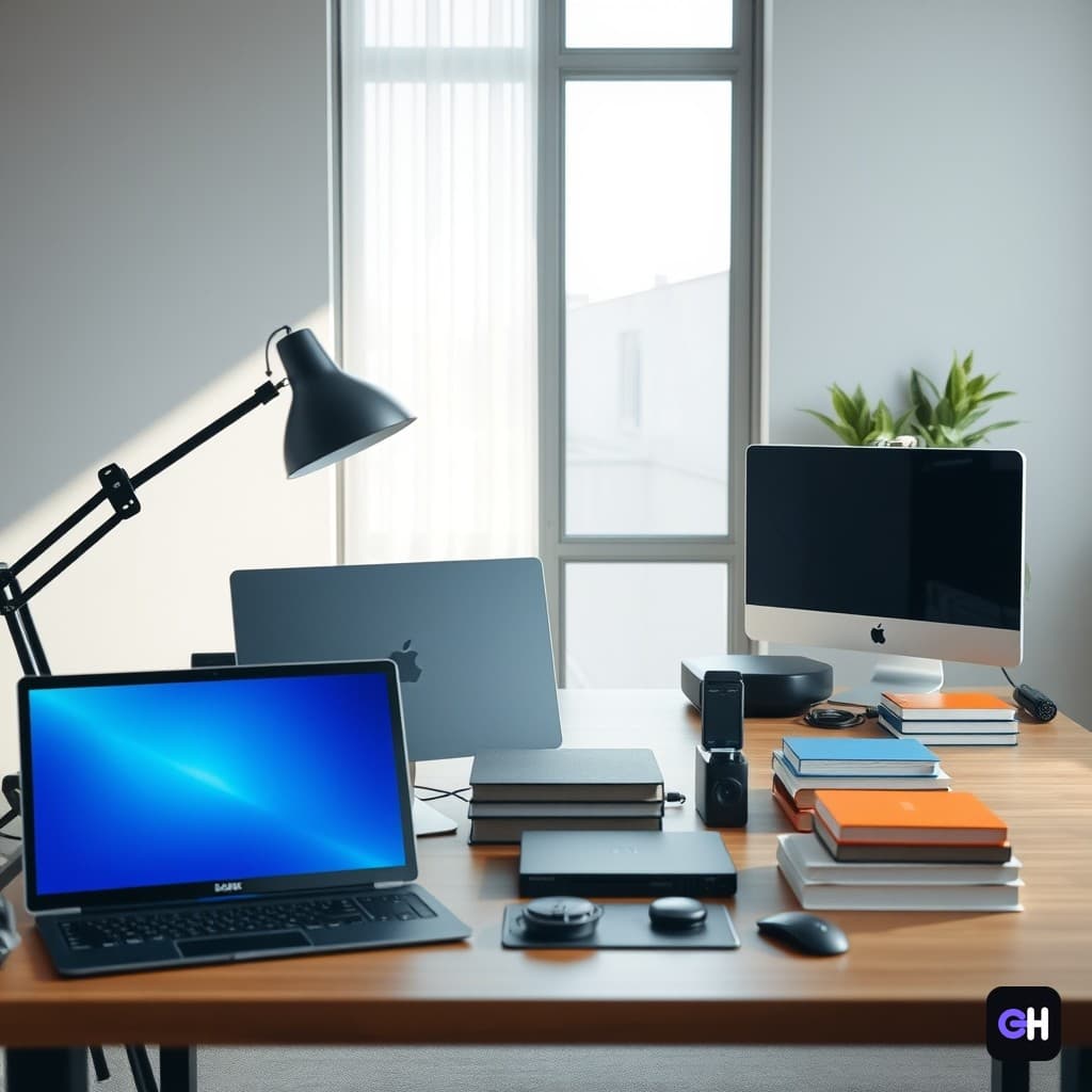 Minimalist office desk setup with business tools and books.
