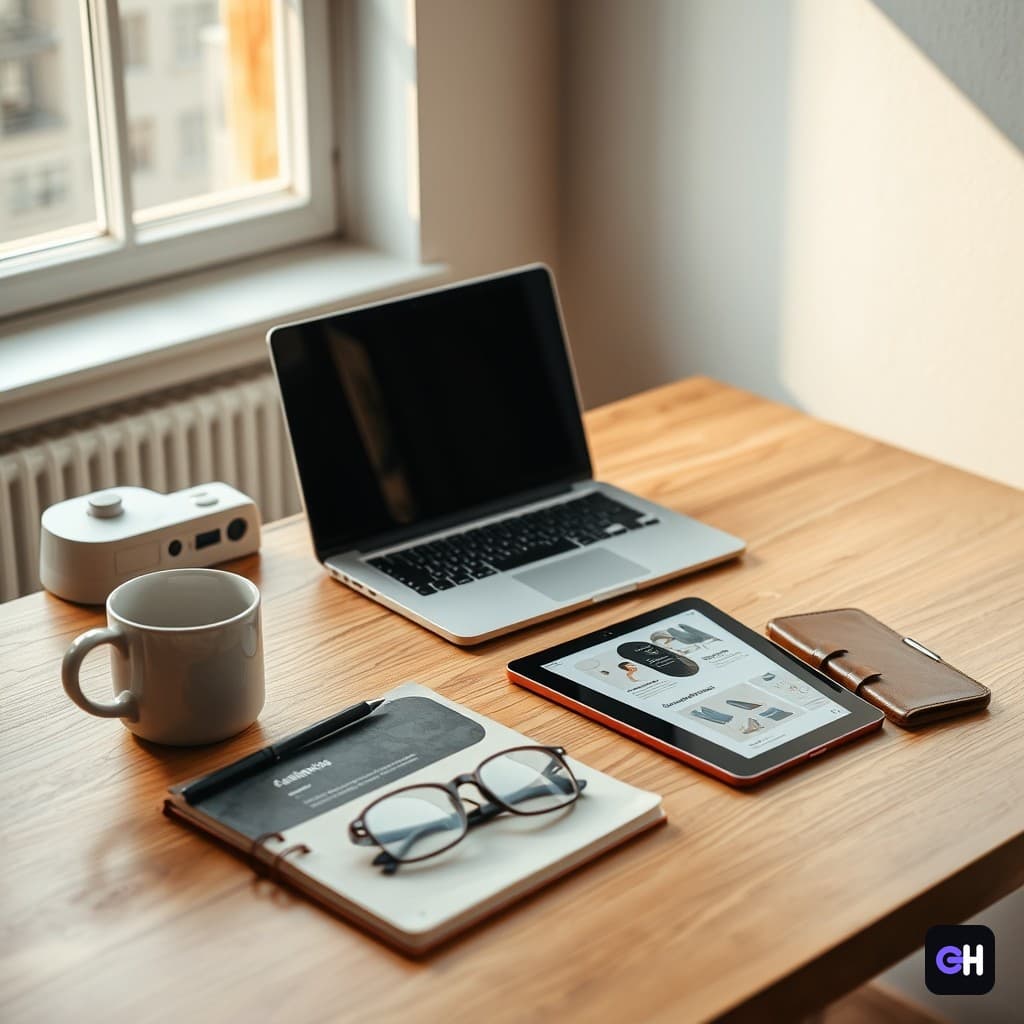 Laptop, tablet, notebook, and coffee cup on a light wooden desk