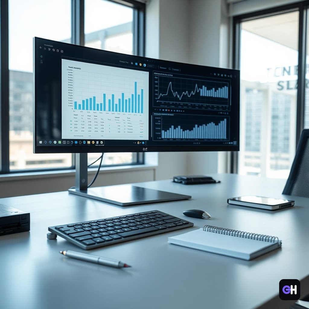 میز کار اداری با مانیتور عریض، کیبورد، دفترچه و نمودار دادهها